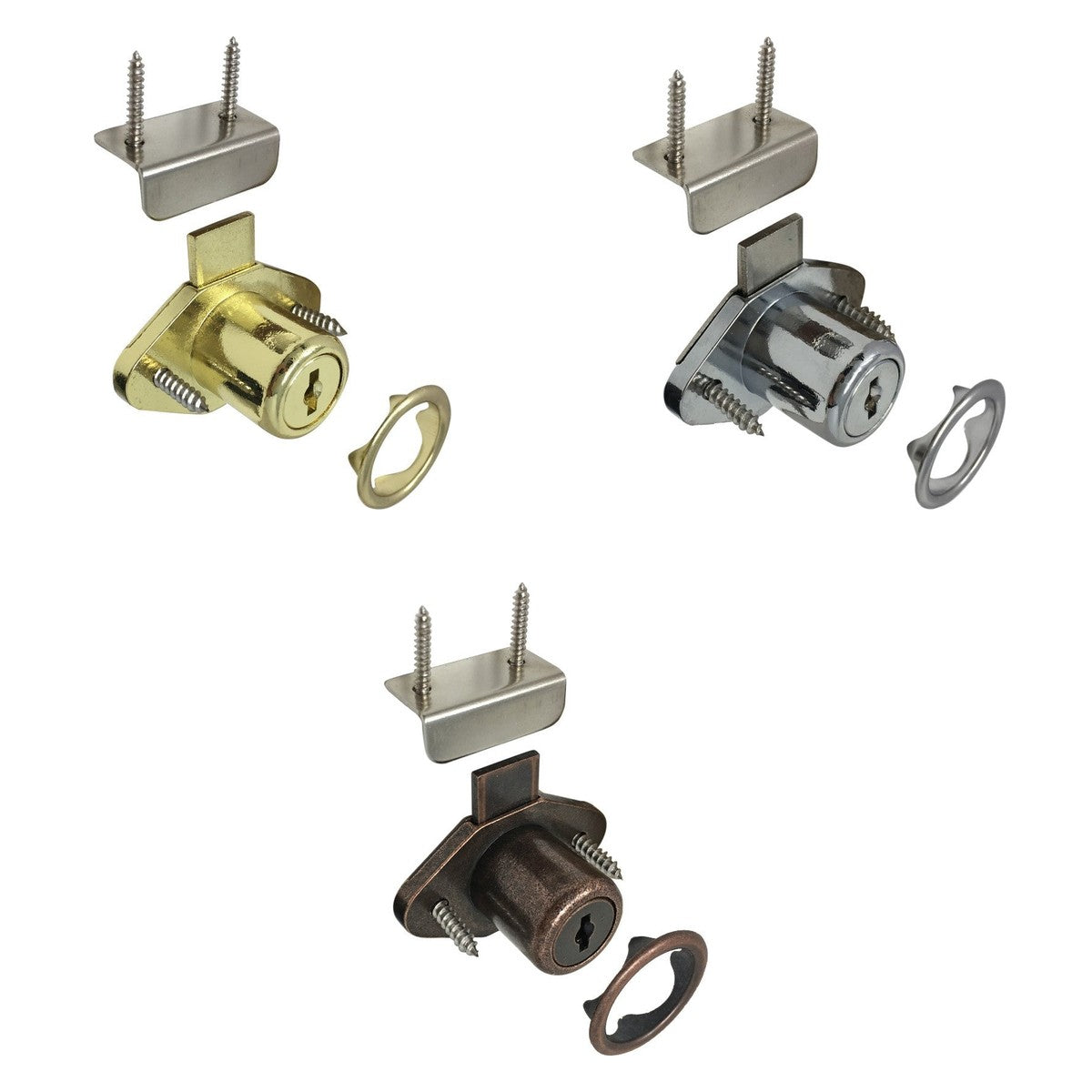 Keyed alike cabinet locks in three finishes
