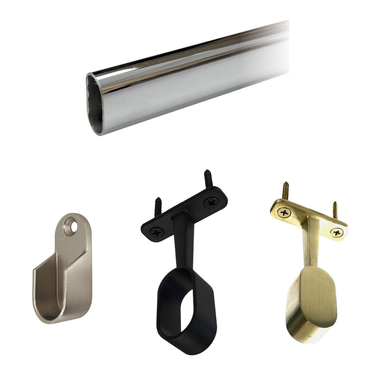 Oval closet rod with end bracket, mid hanger and top mount bracket