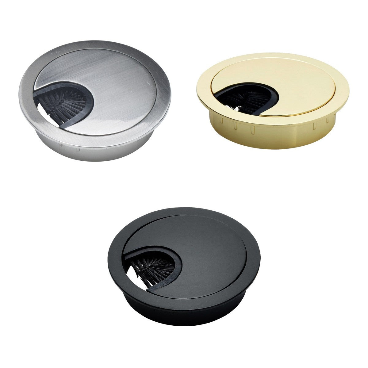 Desk wire grommets in satin nickel, polished brass and black