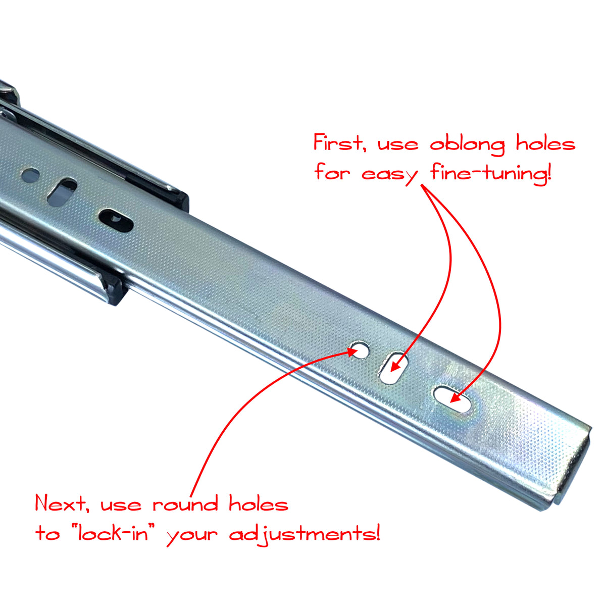 Soft-close drawer slide oblong attachment holes