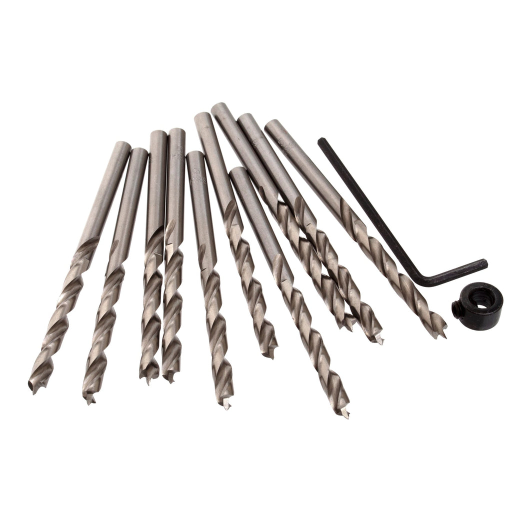 Ten 5mm HSS brad point drill bits with stop collar