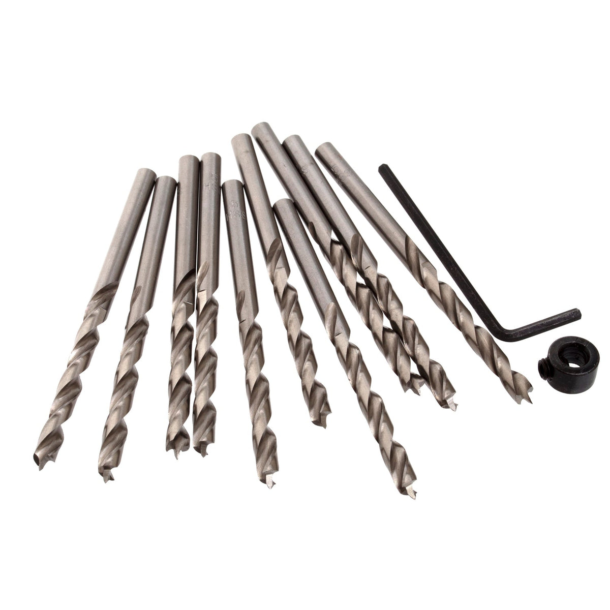 Ten 5mm HSS brad point drill bits with stop collar