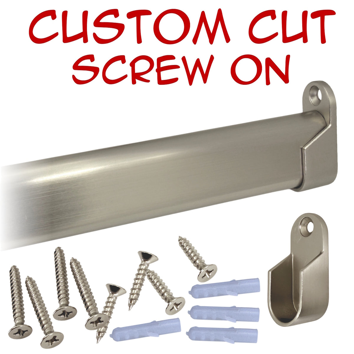 Custom cut satin nickel oval closet rod with screw-on brackets kit