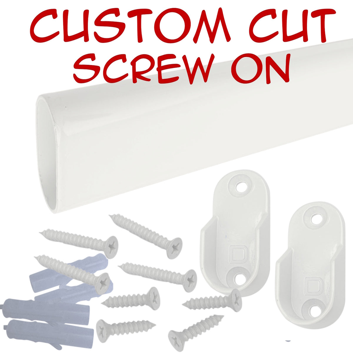 Custom cut gloss white oval closet rod with screw-on brackets kit