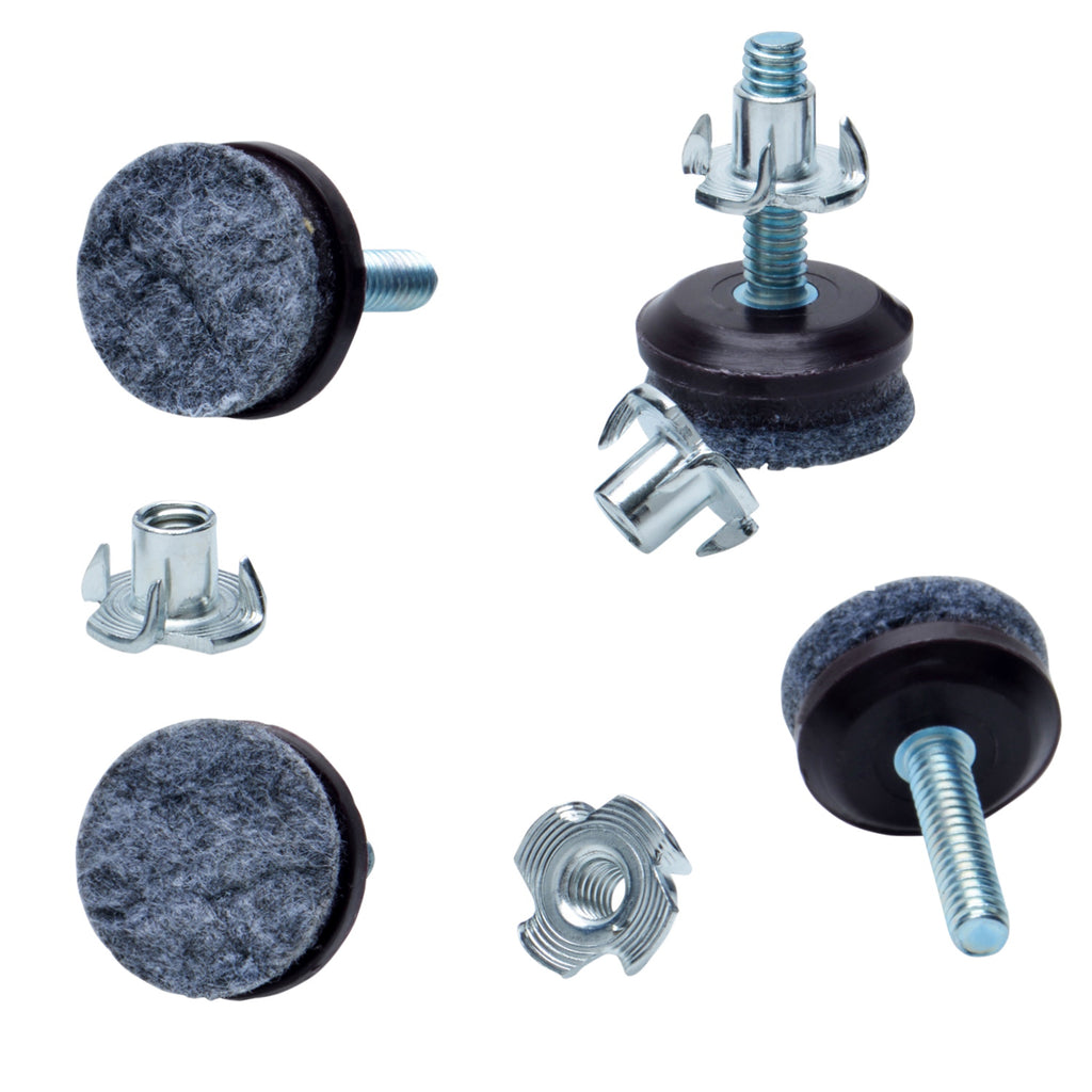 Brown felt furniture levelers with T-nuts, set of 4