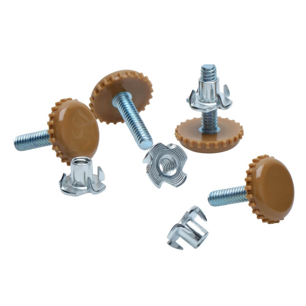 Brown nylon furniture levelers with T-nuts, set of 4