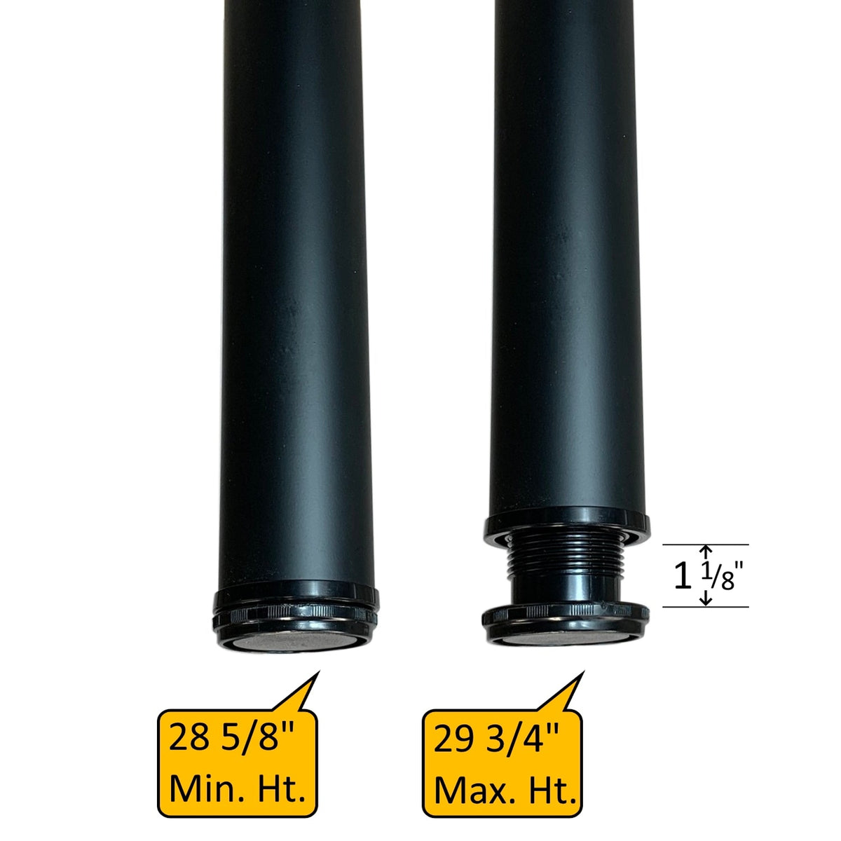Black table leg height adjustment range