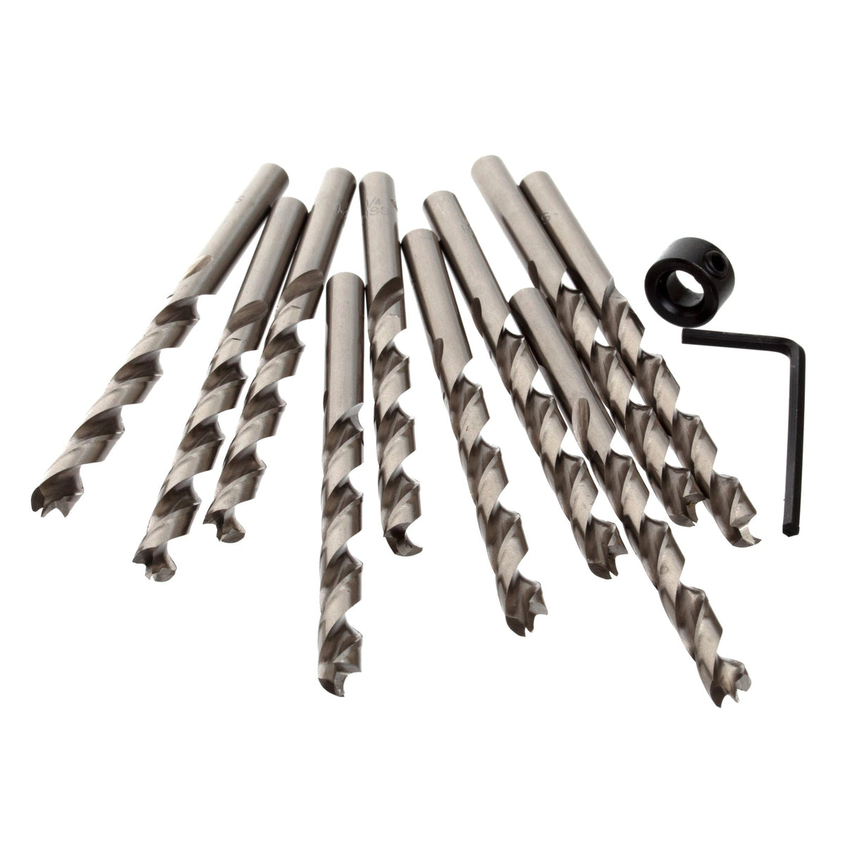 Ten 1/4 inch HSS brad point drill bits with stop collar