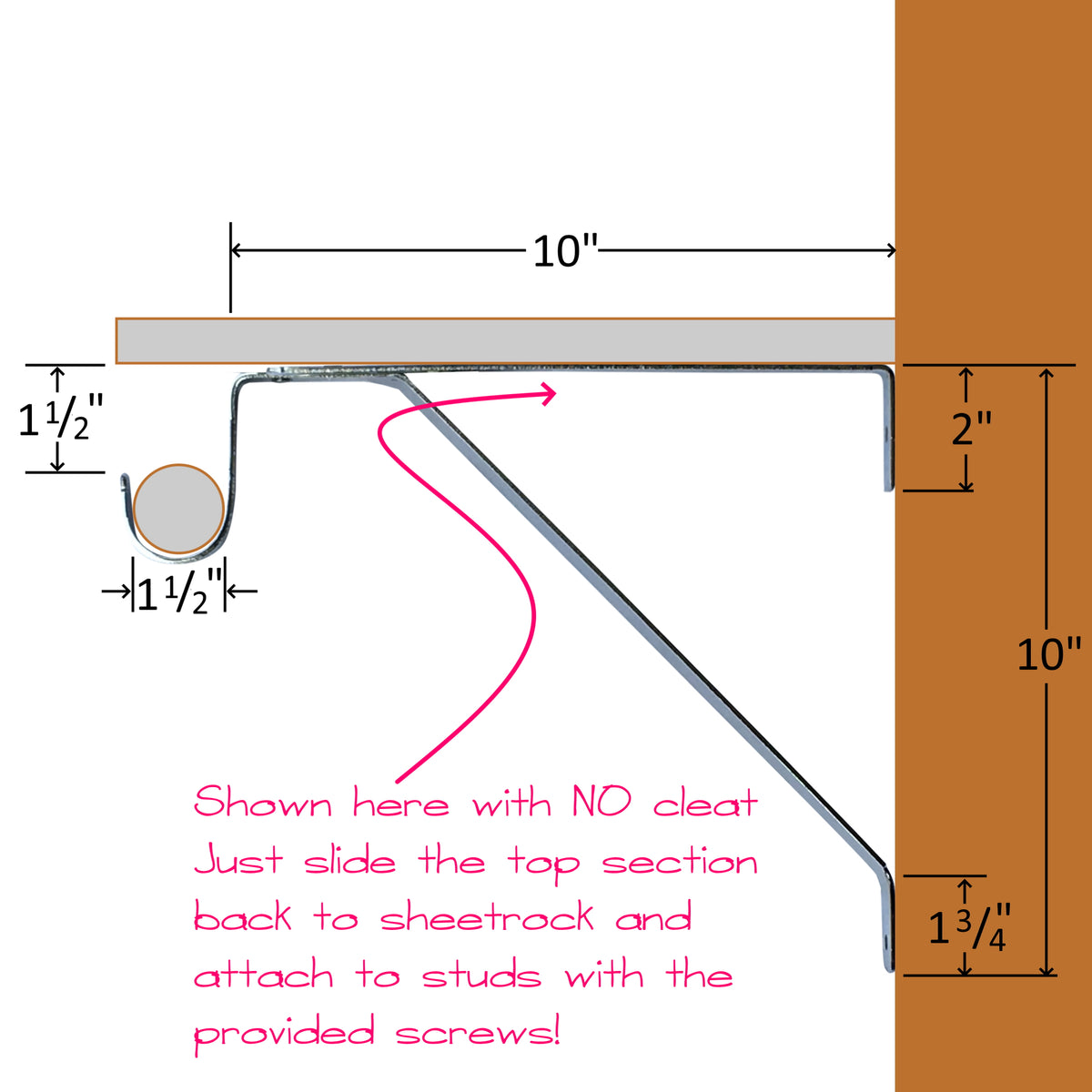 adjustable shelf bracket dimensions when installed without a wall cleat