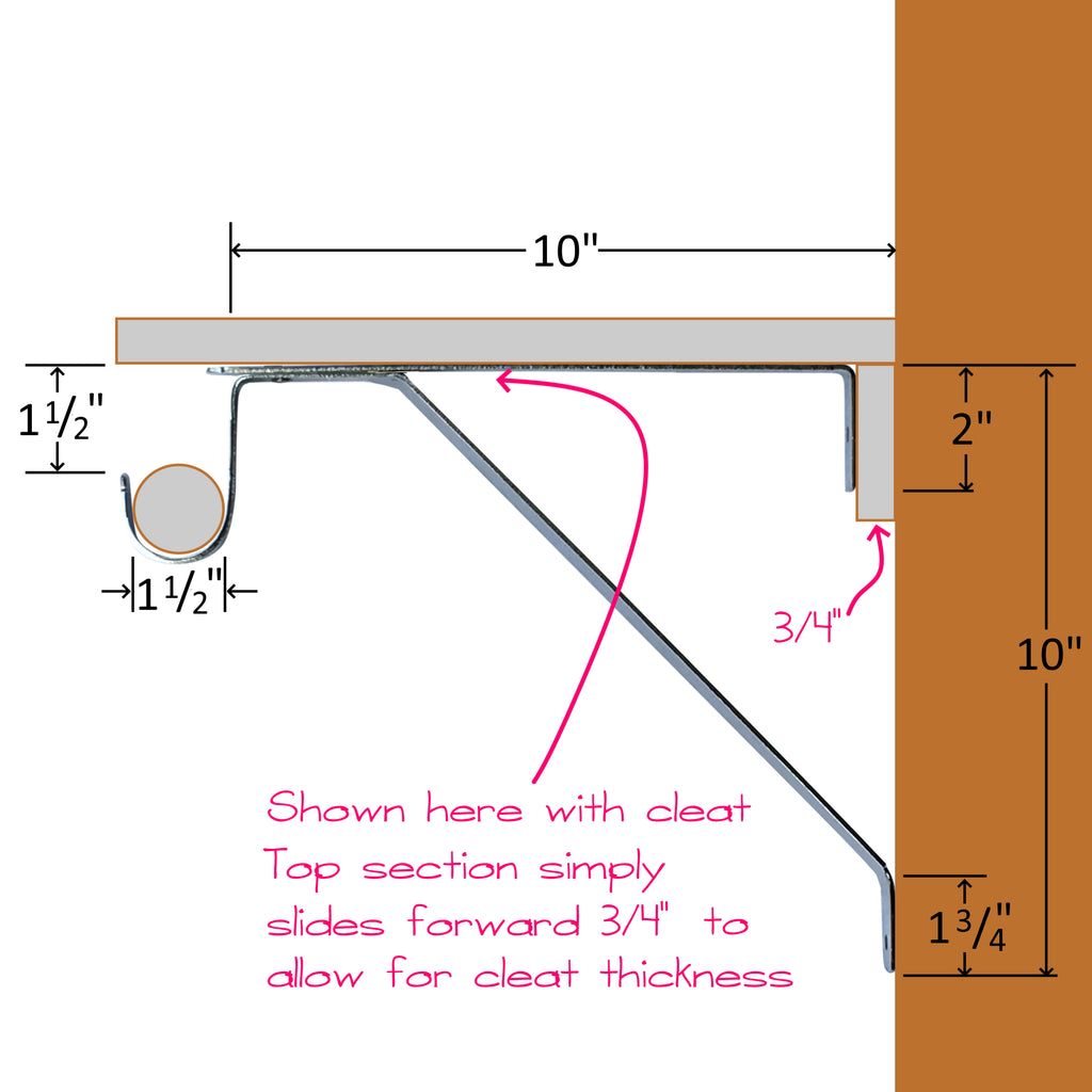 adjustable shelf bracket dimensions when installed with a wall cleat