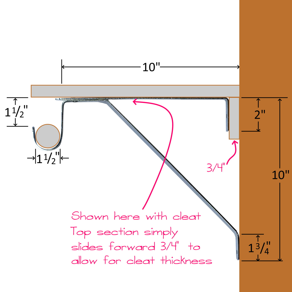 adjustable shelf bracket dimensions when installed with a wall cleat
