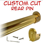 Custom cut satin brass round closet rod with rear-pin end supports