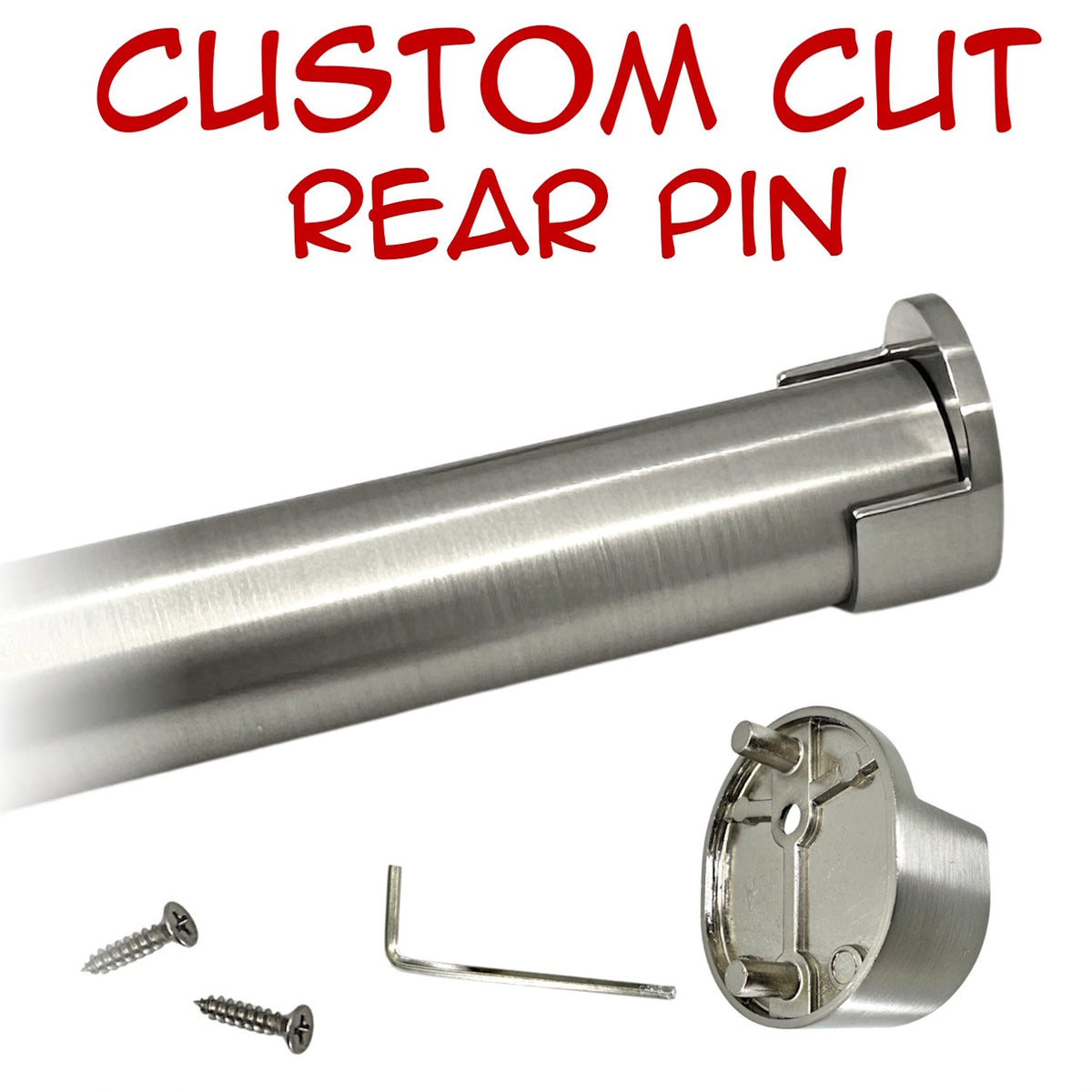 Custom cut satin nickel round closet rod with rear-pin end supports