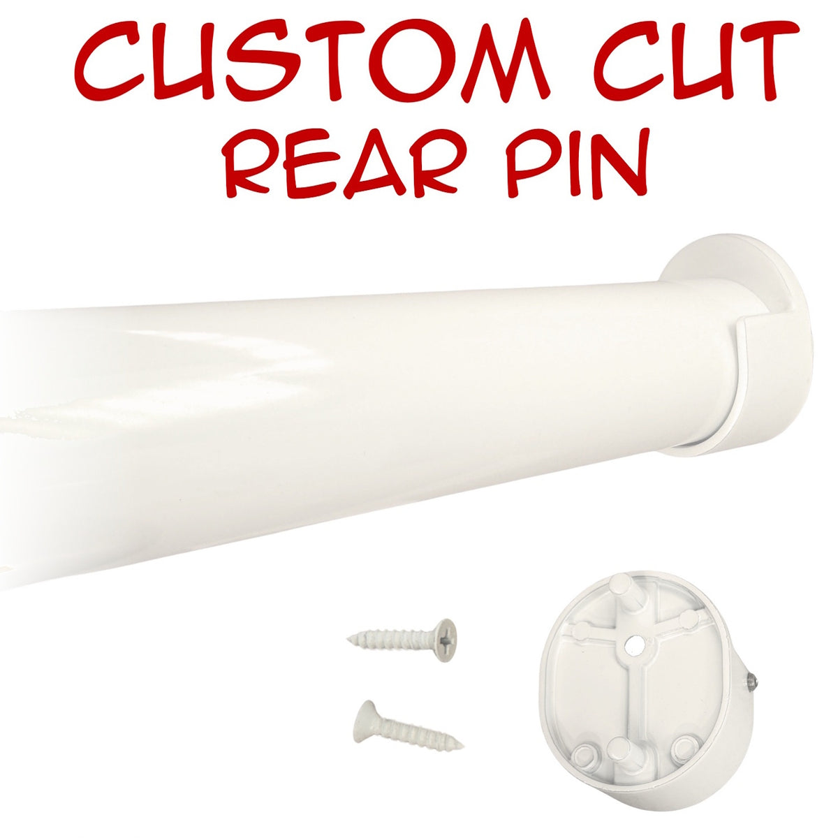 Custom cut gloss white round closet rod with rear-pin end supports