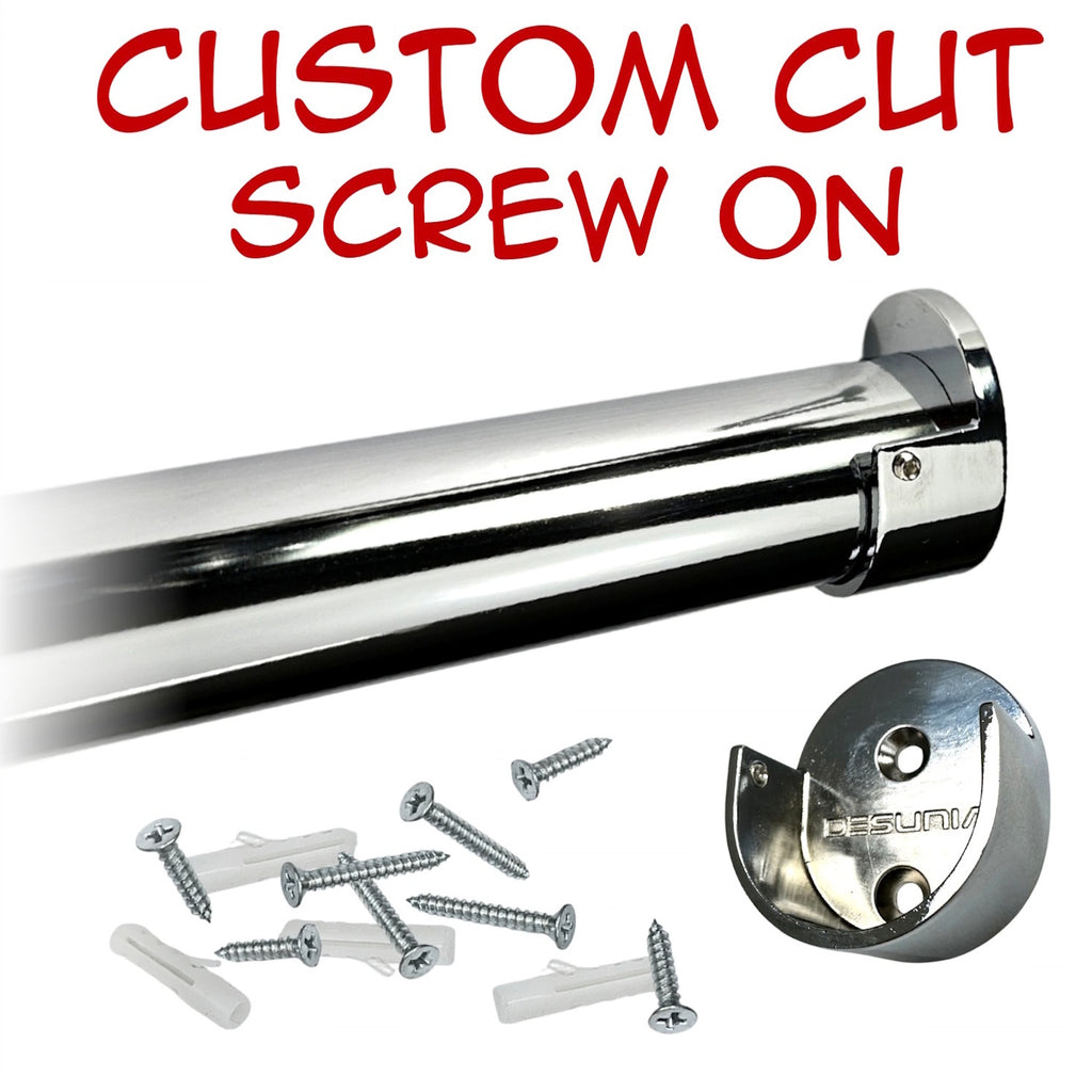 Custom cut chrome round closet rod with screw-on brackets