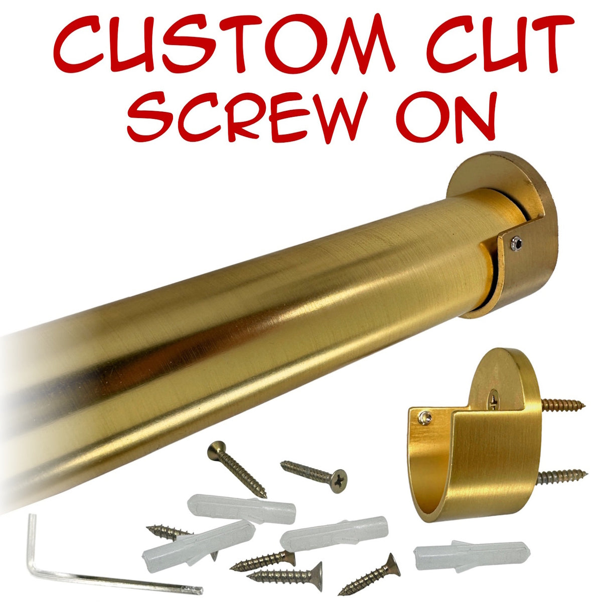 Custom cut satin brass round closet rod with screw-on brackets