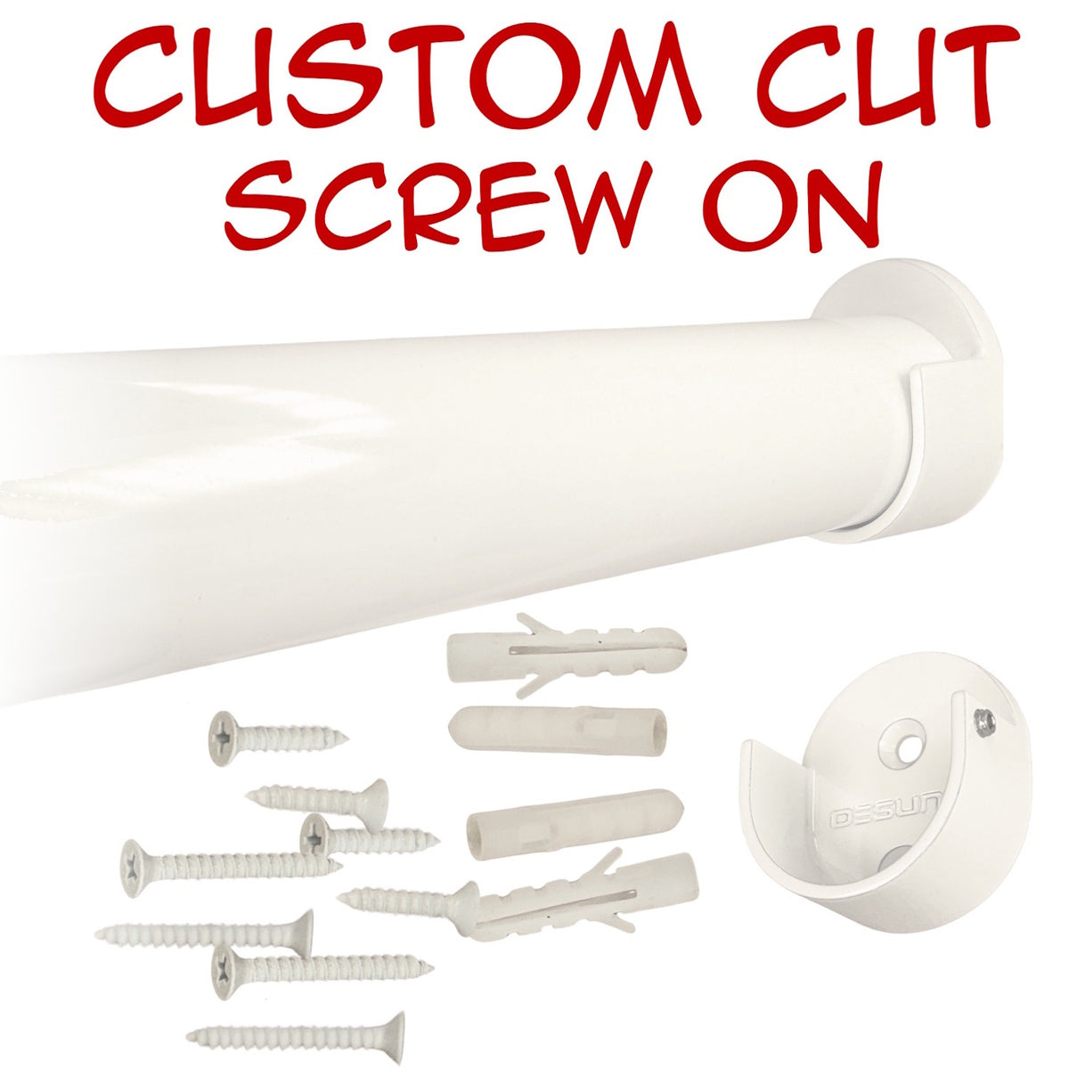 Custom cut gloss white round closet rod with screw-on brackets