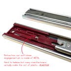 Soft-close drawer slide metal engagement pin