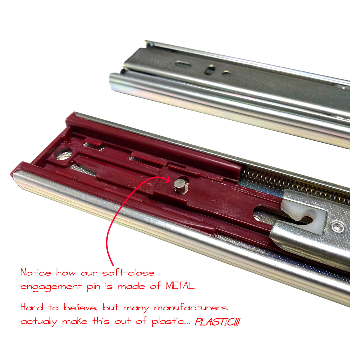 Soft-close drawer slide metal engagement pin
